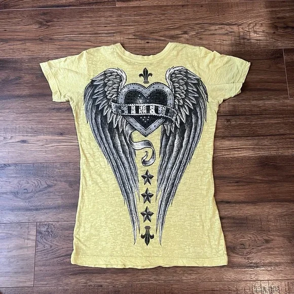 Sinful By Affliction Graphic Tee Women Small Yellow Rhinestone Grunge Biker Goth - Picture 4 of 7